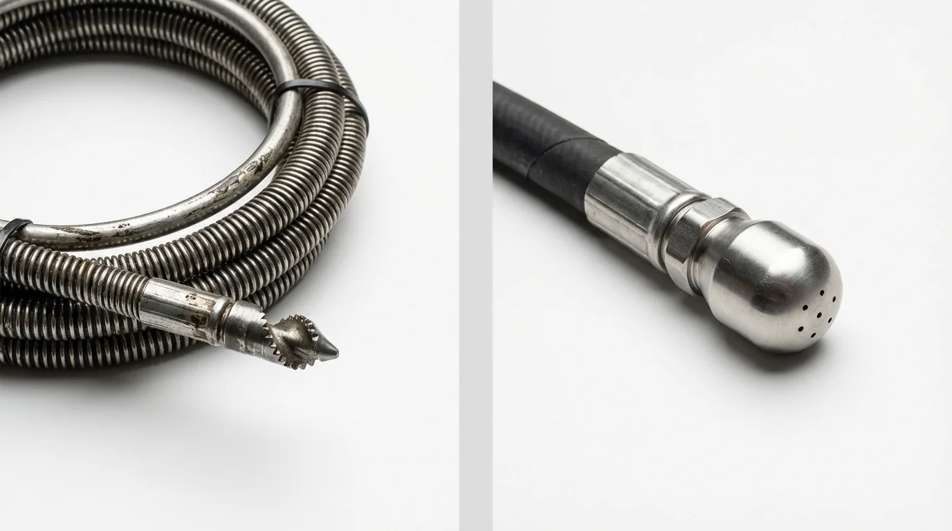 Drain snake cable and hydro jetting nozzle used for drain cleaning in New London, OH