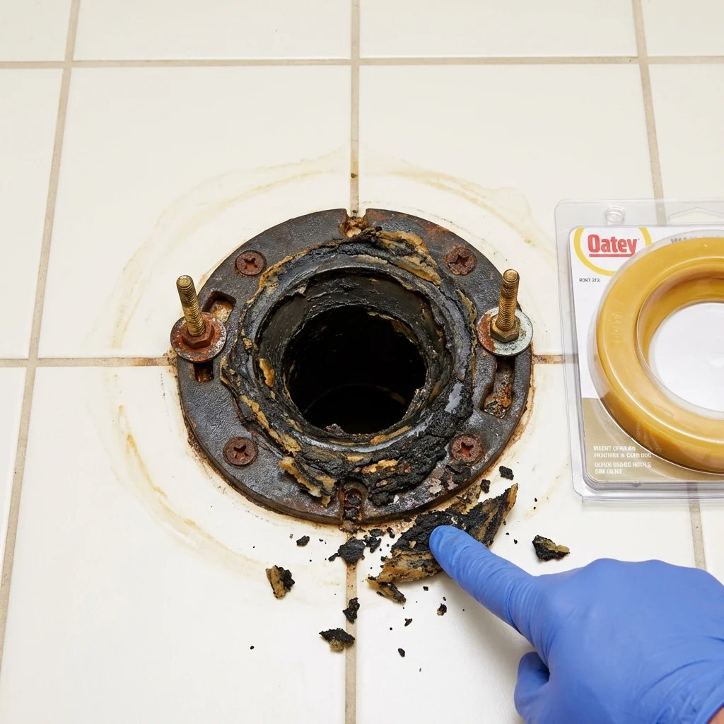 Failed wax ring showing water seepage at the base of a toilet in a New London, OH home