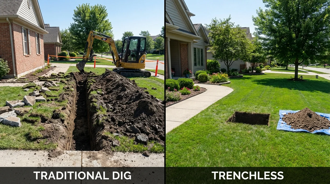 Trenchless sewer repair with minimal yard damage versus traditional excavation in New London, OH