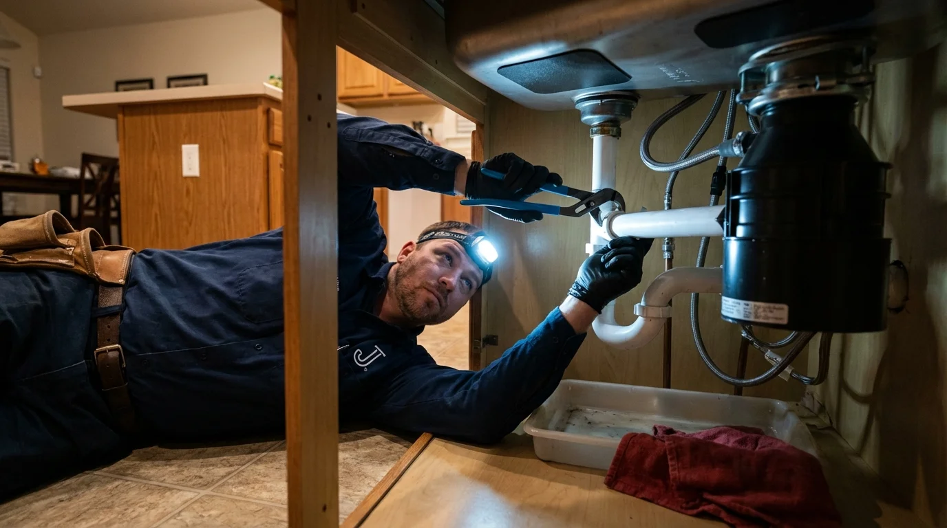 P-trap and supply line connections under a kitchen sink showing a common leak point in New London, OH